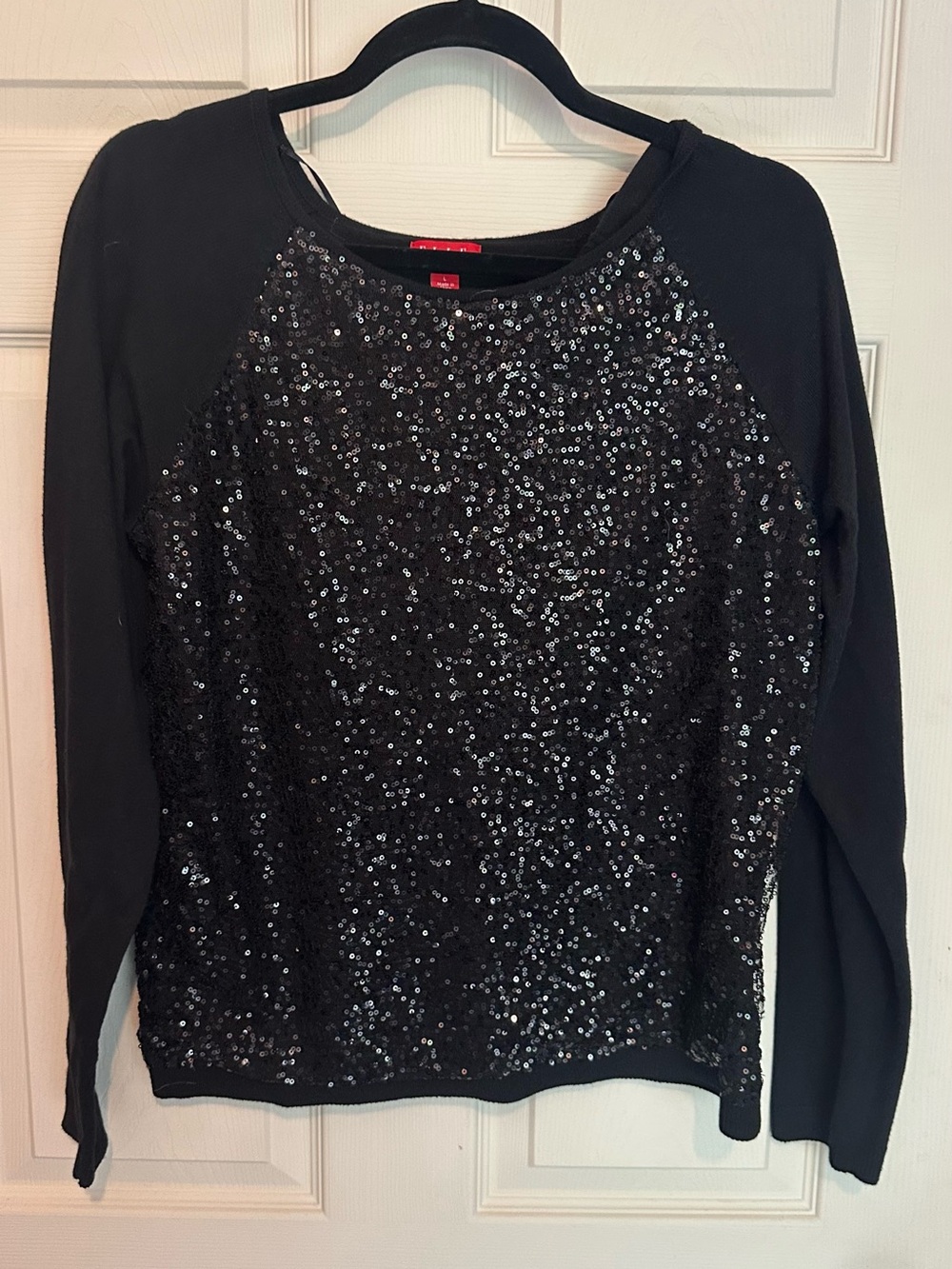 Elle Black Sequin Front Raglan Long-Sleeve Top
